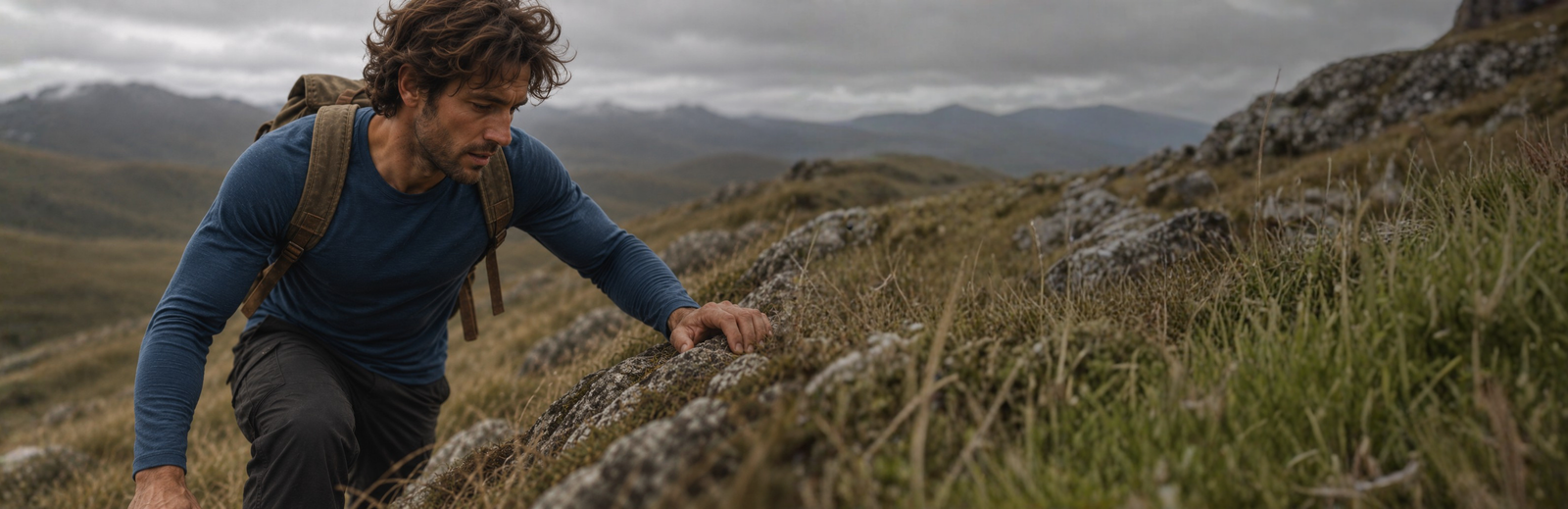 A man hikes up a grassy and rocky hillside under a heavily overcast sky, wearing a blue long-sleeved shirt and carrying a tan backpack. The background features distant rolling hills and a cloudy, gray horizon.