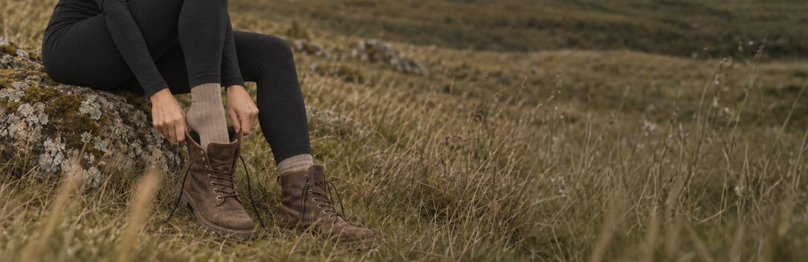 A person wearing black leggings and tan ribbed socks sits on a rock in a grassy field, adjusting a sturdy brown leather boot. The cropped image focuses on their hands and footwear against a natural, softly blurred background.