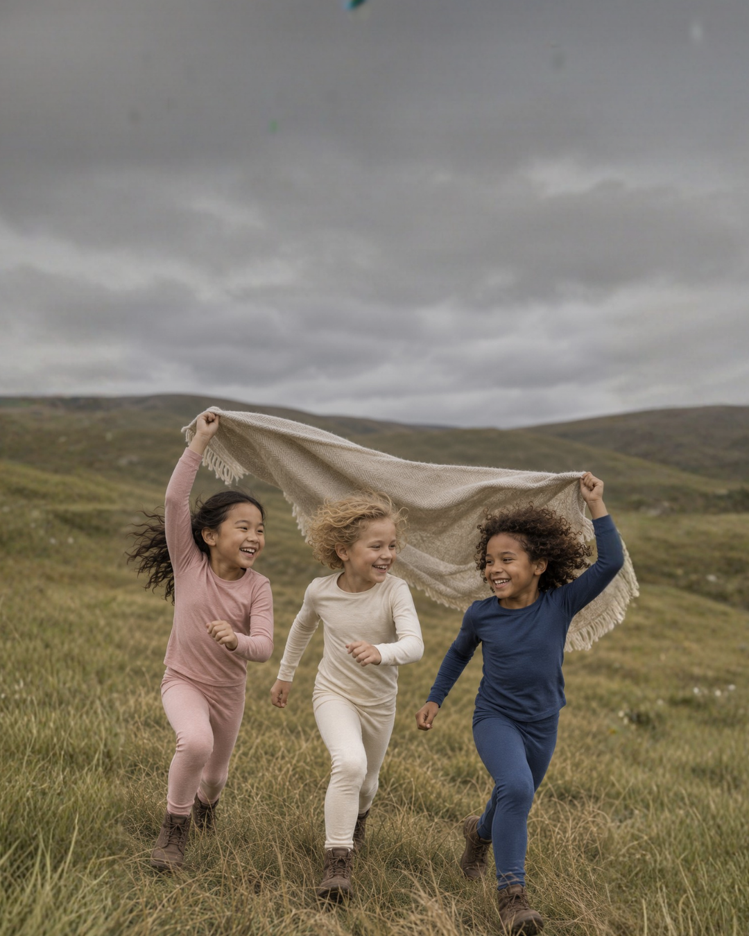 Three joyful children run across a grassy hillside while holding a large beige blanket up above their heads. They are smiling widely and wearing matching long-sleeved thermal sets in pink, cream, and blue.