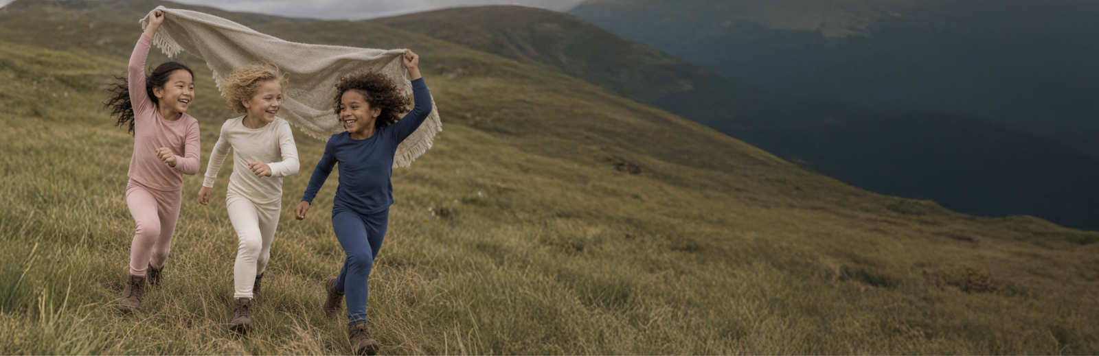 Three joyful children run across a grassy hillside while holding a large beige blanket up above their heads. They are smiling widely and wearing matching long-sleeved thermal sets in pink, cream, and blue.