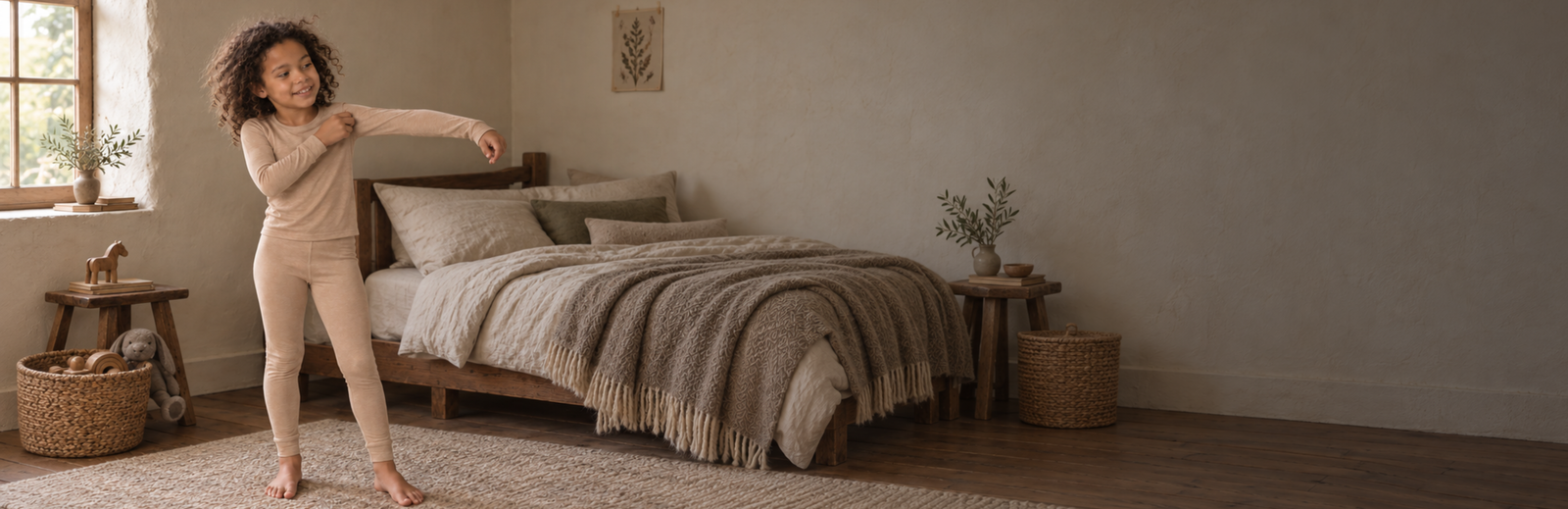 A smiling child with curly dark hair stands playfully in a rustic, neutral-toned bedroom. They are wearing a matching, long-sleeved beige thermal set while stretching their arms out to one side.