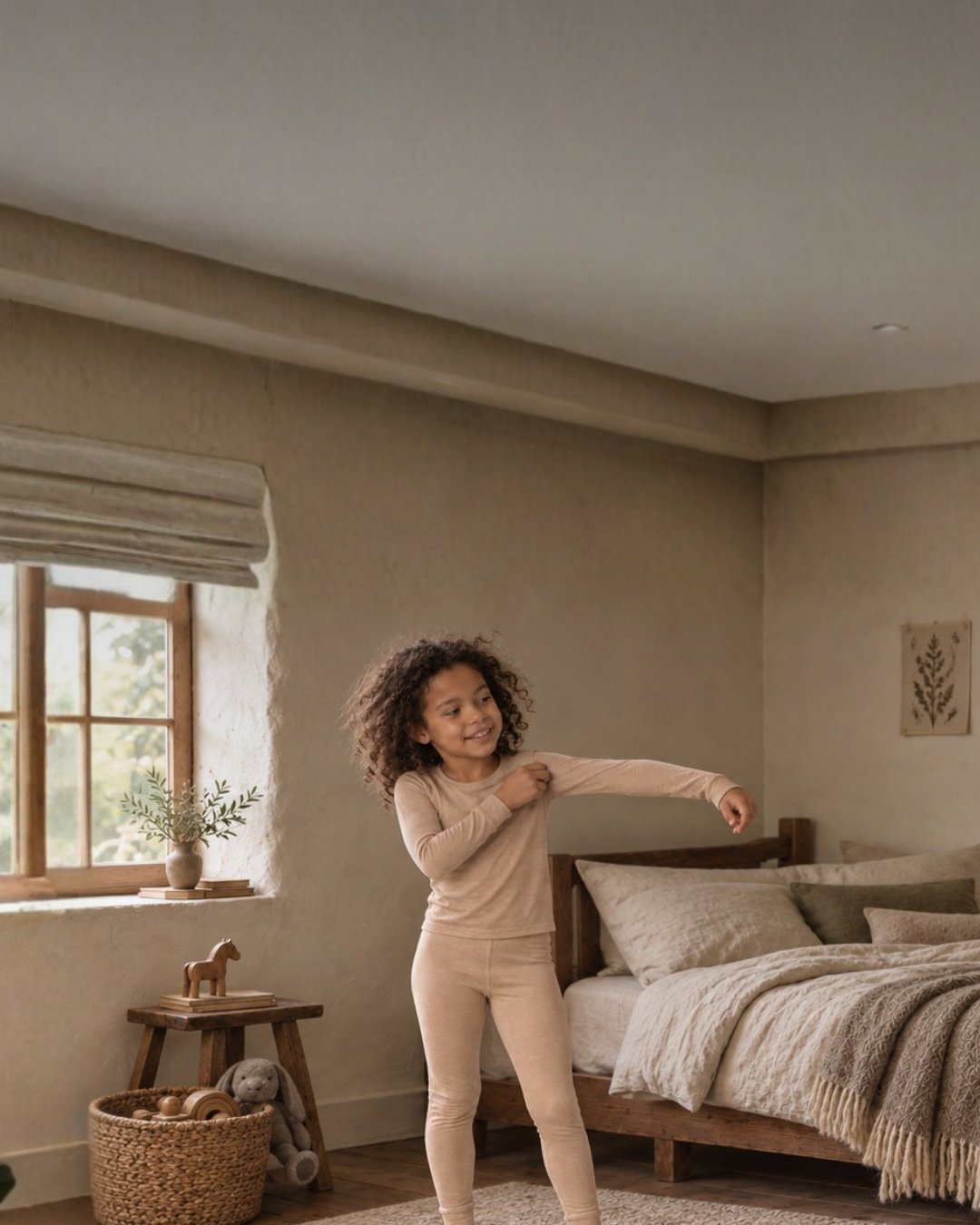 A smiling child with curly dark hair stands playfully in a rustic, neutral-toned bedroom. They are wearing a matching, long-sleeved beige thermal set while stretching their arms out to one side.
