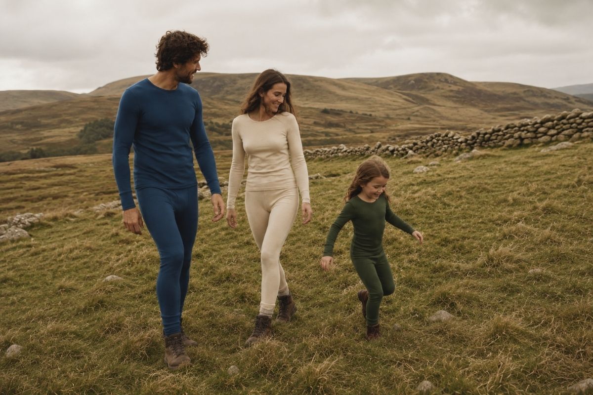 Three people walking hand in hand across a grassy hillside in a rural landscape, wearing matching long-sleeve and leggings activewear sets in blue, cream, and green.