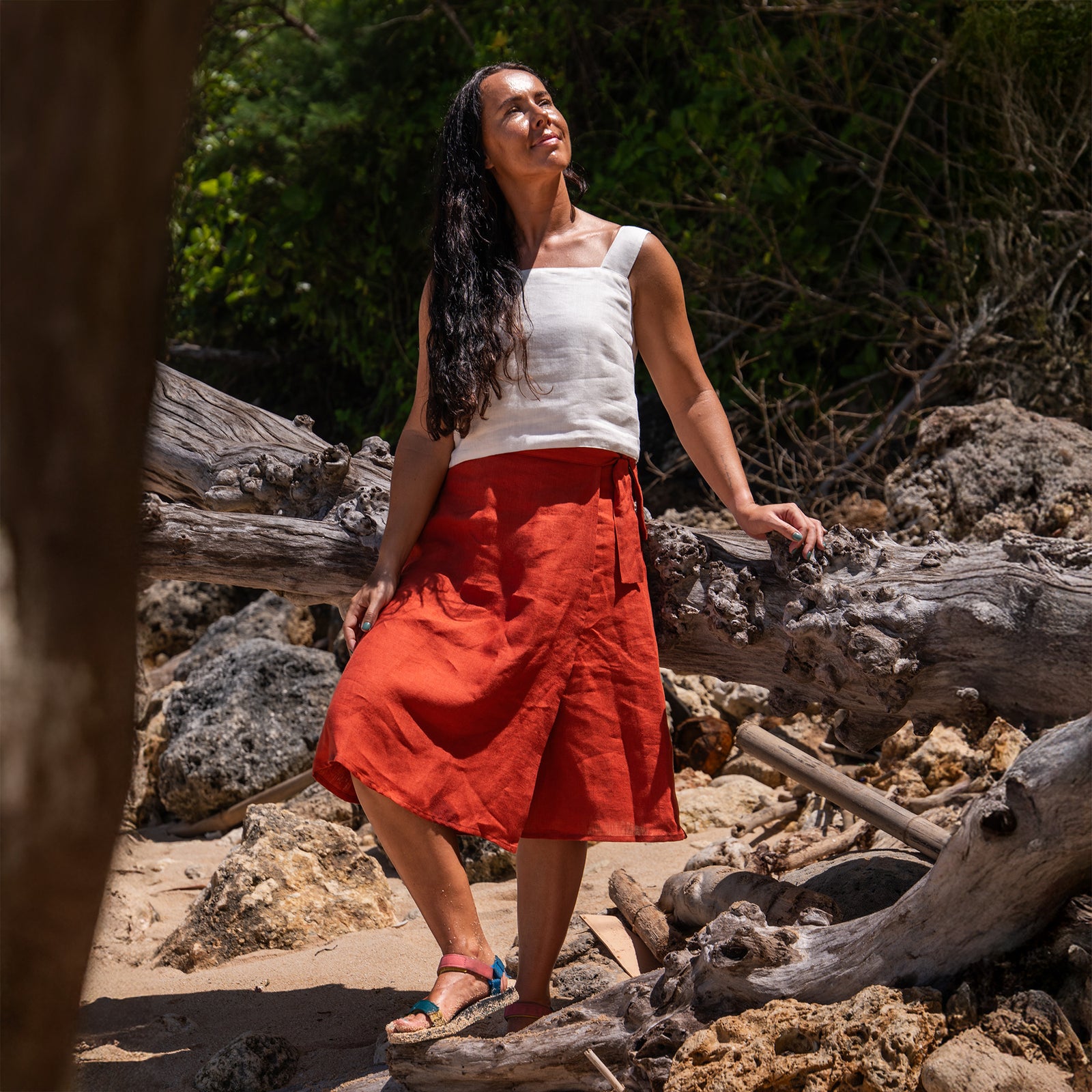 Midi Linen Wrap Skirt Beverly Cinnamon Red