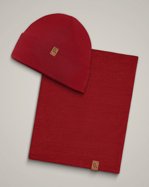 Packshot of merino gaiter and beanie set