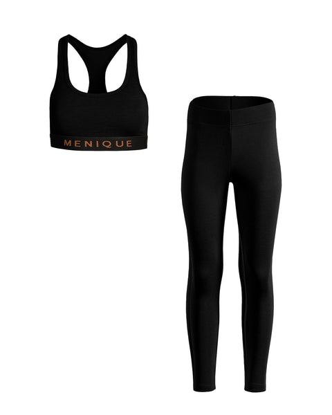 Packshot of women&#39;s merino wool bra and leggings set
