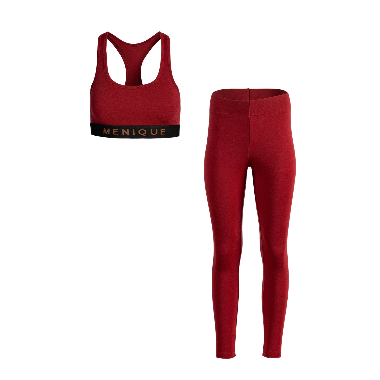 The menique women's merino wool sport bra in 160gsm and leggings in 250gsm fabric, royal cherry color.