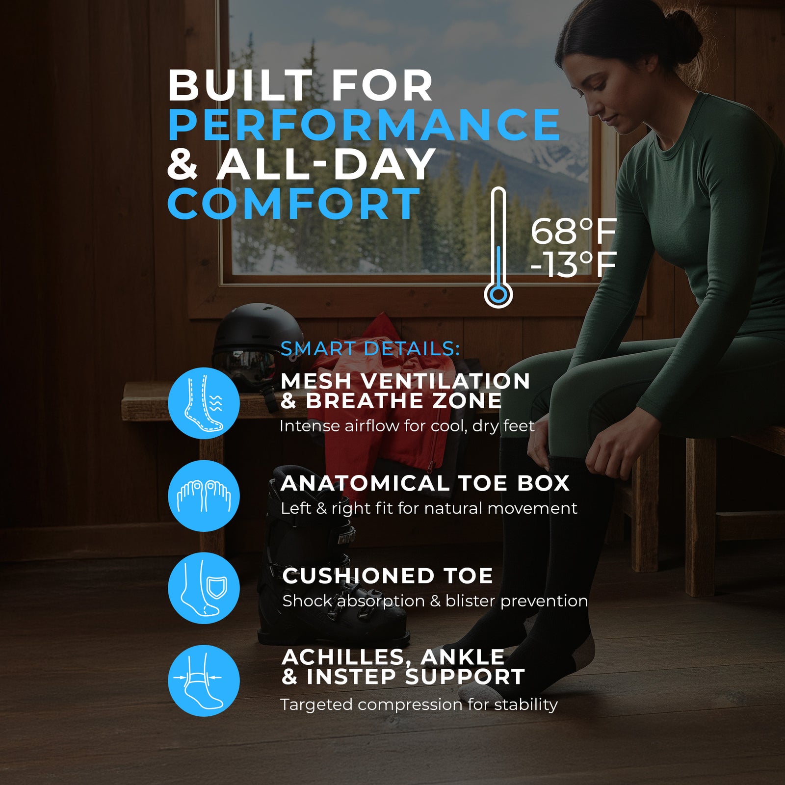 Women wearing black knee-high skii merino wool socks with gray toes on a white background