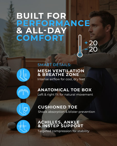 Person sitting on a wooden floor with text about sock features and benefits.