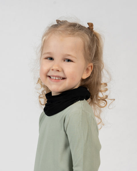 Kids bamboo neck gaiter in black, soft and stretchy scarf for warmth and protection.