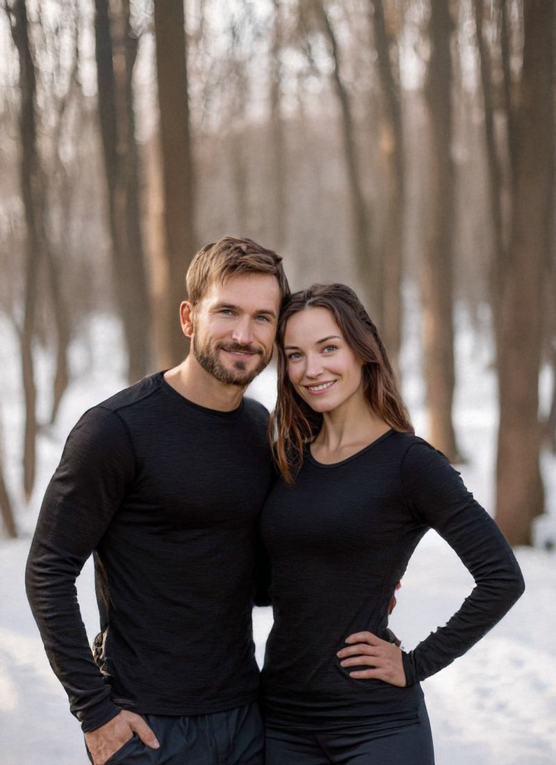 Man and woman standing close together in a snowy forest