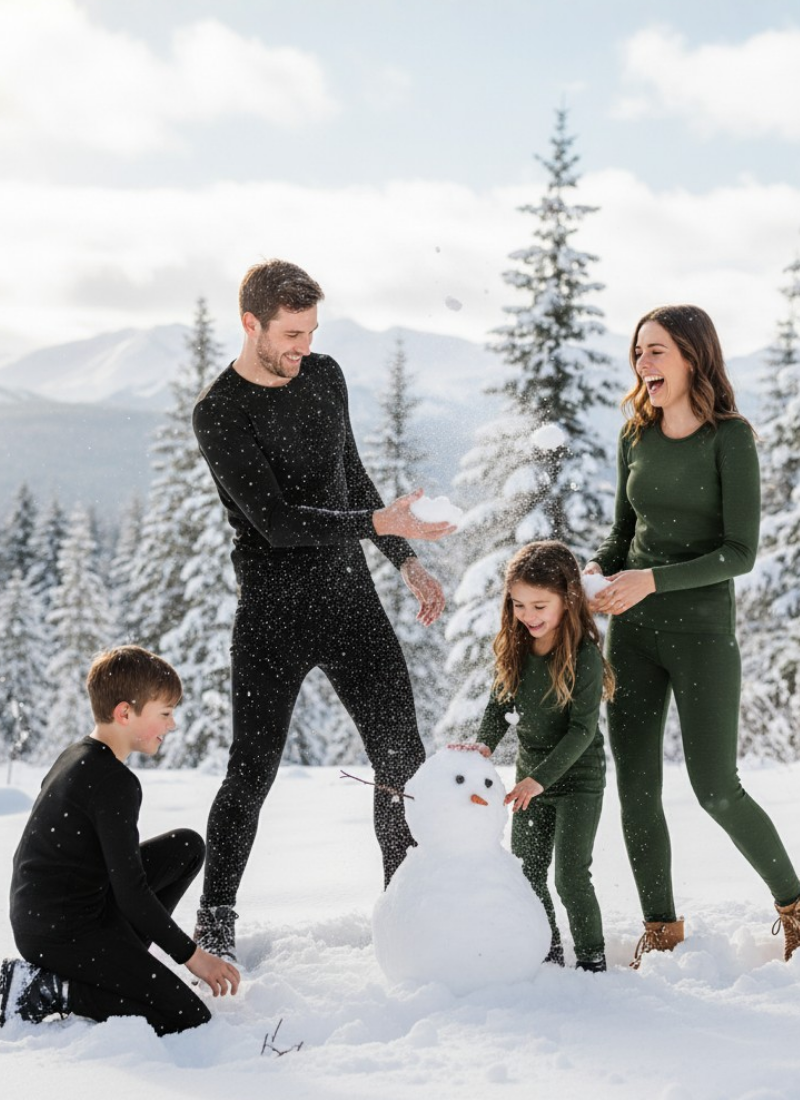 Family of four building a snowman in a snowy landscape with trees and mountains in the background.