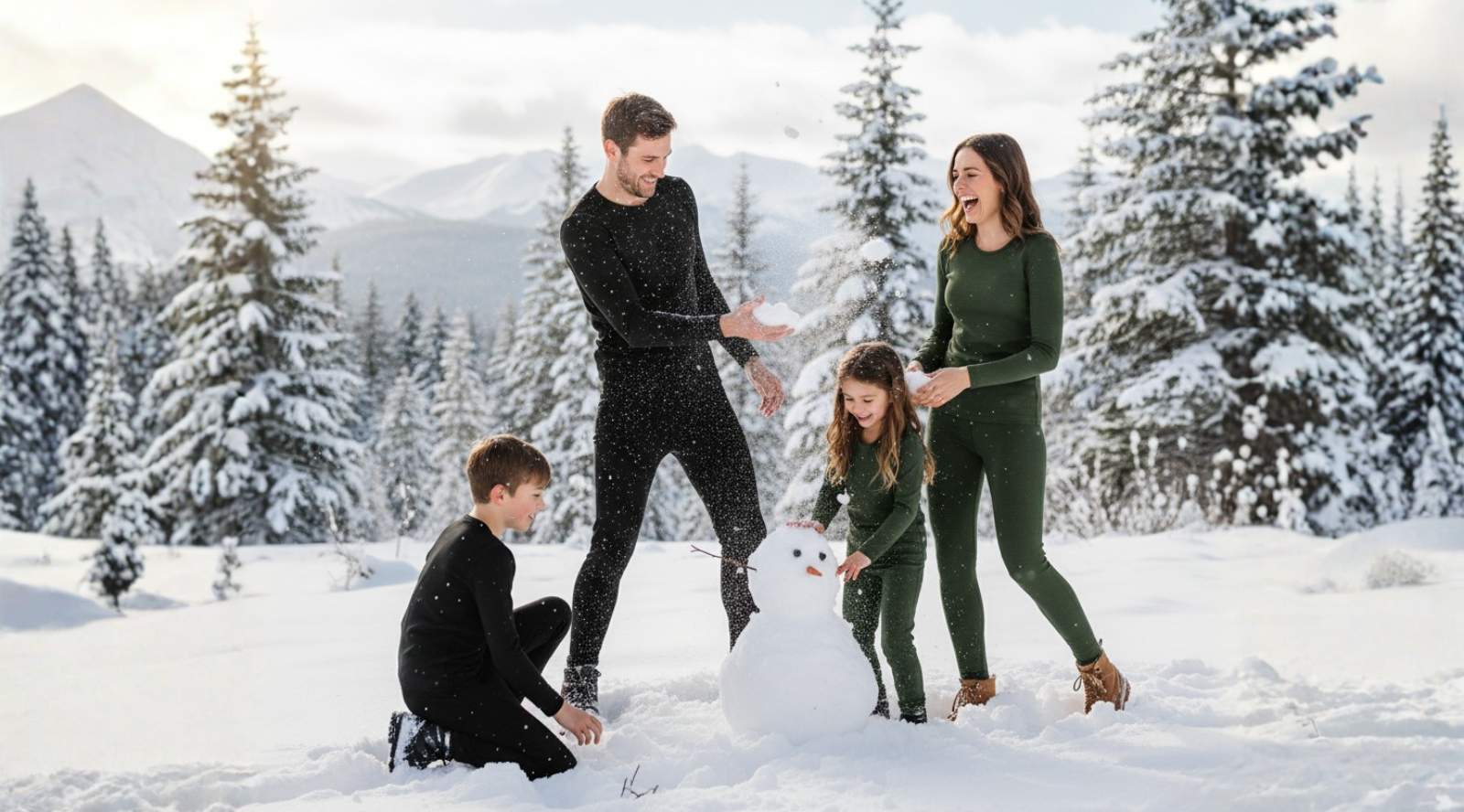 Family of four, two adults and two children, building a snowman in a snowy landscape with trees and mountains in the background.