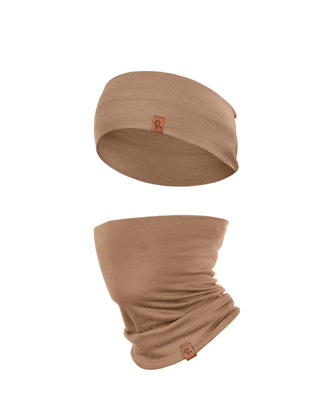 Beige merino wool neck gaiter and headband set soft breathable temperature regulating unisex accessory