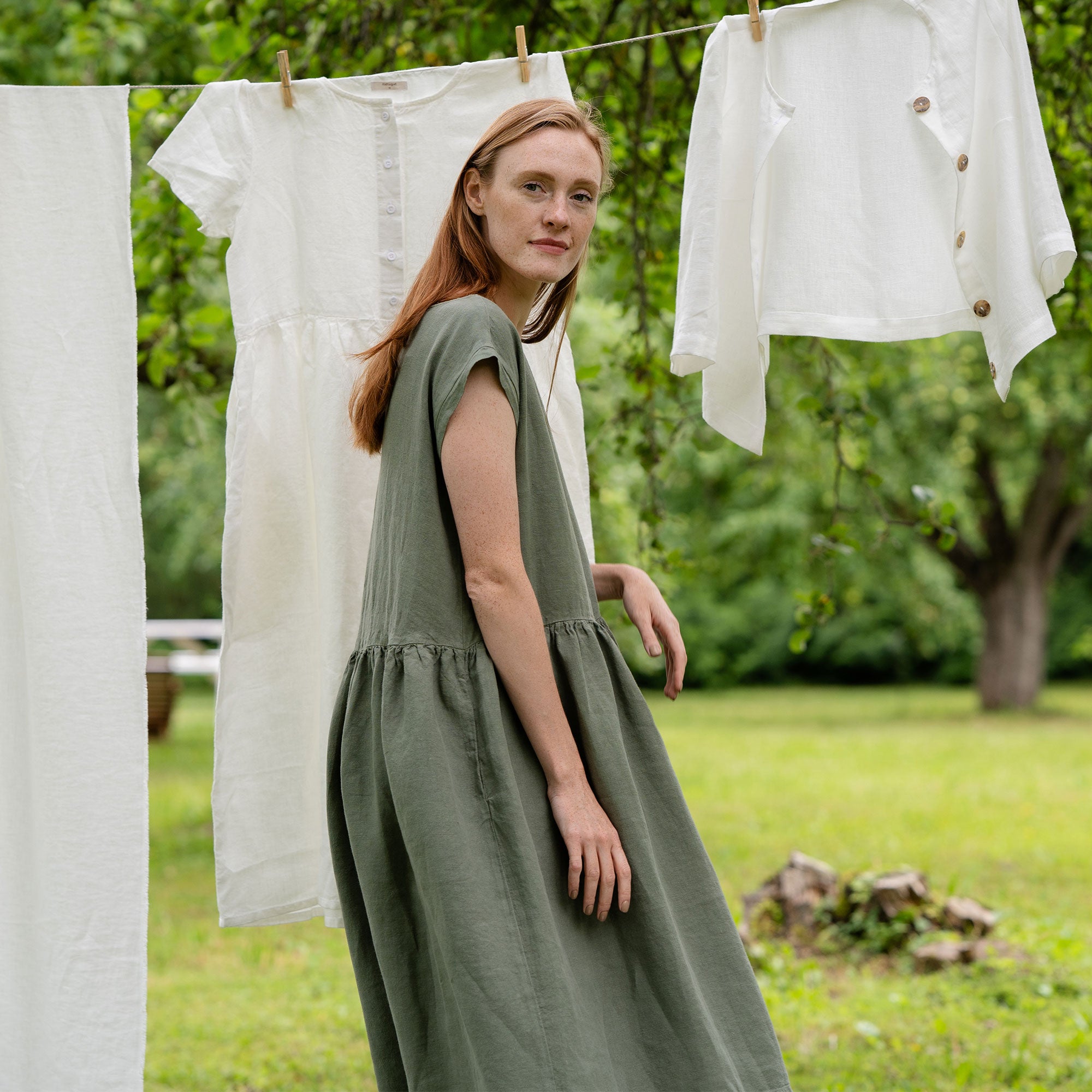 Robe Smockée en Lin Cecilia Vert Pierre