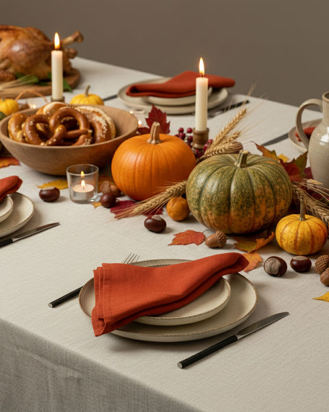 Autumn dinner table featuring beige linen tablecloth, cinnamon red linen napkins, pumpkins, fall leaves, and seasonal harvest decorations.
