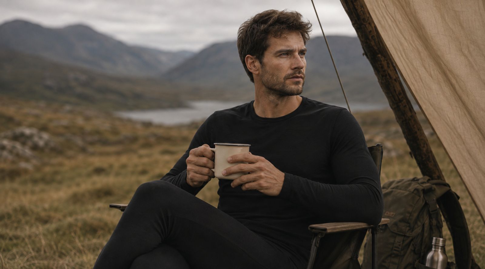A man wearing a black long-sleeved top and pants sits in a camp chair just outside a tent, holding a mug and gazing toward a landscape of rolling hills, a lake, and mountains under a cloudy sky.