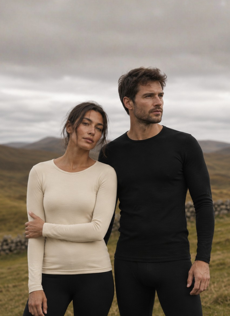 A man and a woman standing outdoors in a grassy landscape under an overcast sky, wearing fitted long-sleeve tops. The woman wears a light cream top, and the man wears a black top.