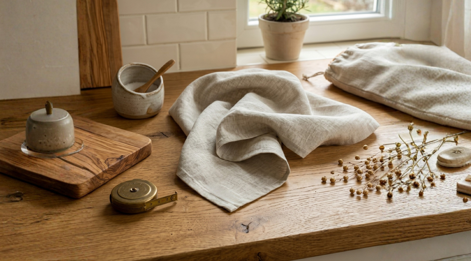 A folded natural, unbleached linen cloth resting on a wooden kitchen counter alongside a small ceramic bowl, a wooden cutting board, and a brass measuring tape.