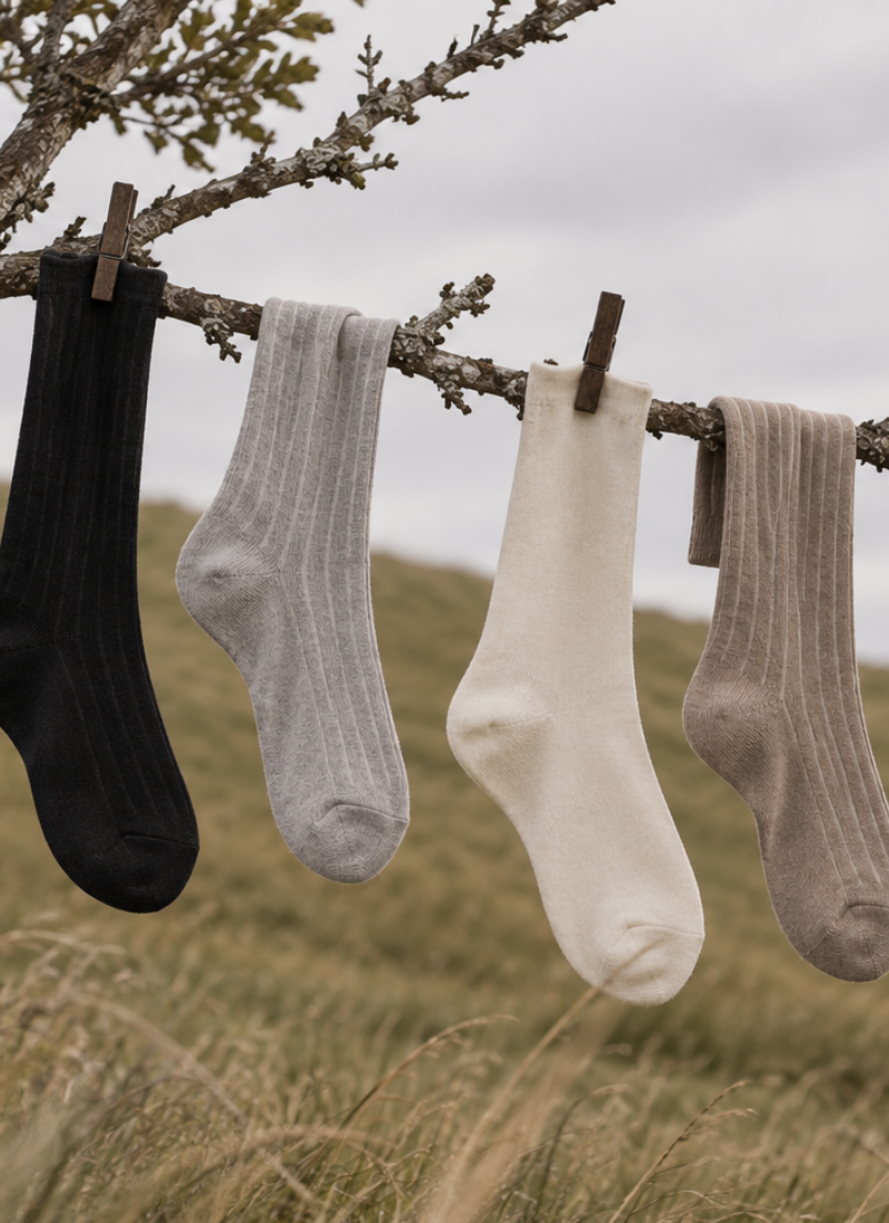 Four ribbed knit socks in black, light grey, cream, and tan hang from a rustic tree branch attached by wooden clothespins. The socks are displayed against a softly blurred background featuring a grassy hillside and a cloudy gray sky.