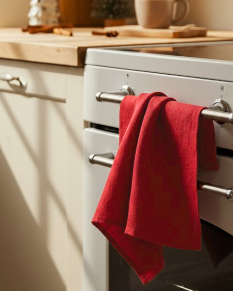Red towel hanging on a silver oven handle in a kitchen.