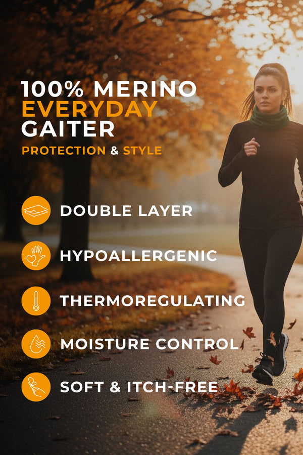Autumn park scene with a woman running in a green neck gaiter; banner reads “100% Merino Everyday Gaiter — double layer, hypoallergenic, thermoregulating, moisture control, soft & itch-free.”