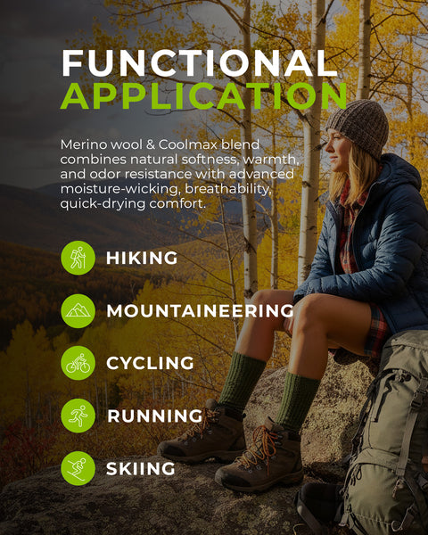 Woman sitting outdoors with hiking gear, surrounded by nature, promoting functional application of merino wool and Coolmax blend.