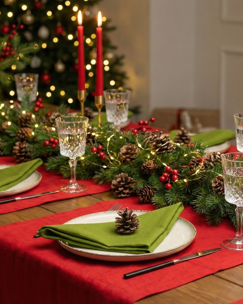 A decorated Christmas dinner table with a red table runner and green linen napkins folded on cream-colored plates. Pinecones, fir branches, red berries, and warm string lights create a festive centerpiece, with crystal glasses and red candles adding to the holiday ambiance. A Christmas tree glows in the background.