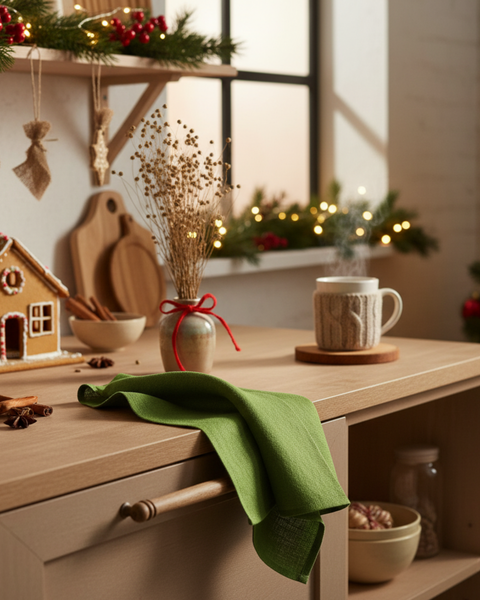 A cozy kitchen decorated for the holidays with a gingerbread house, steaming mug, and festive greenery, featuring a forest green towel draped over a wooden counter.