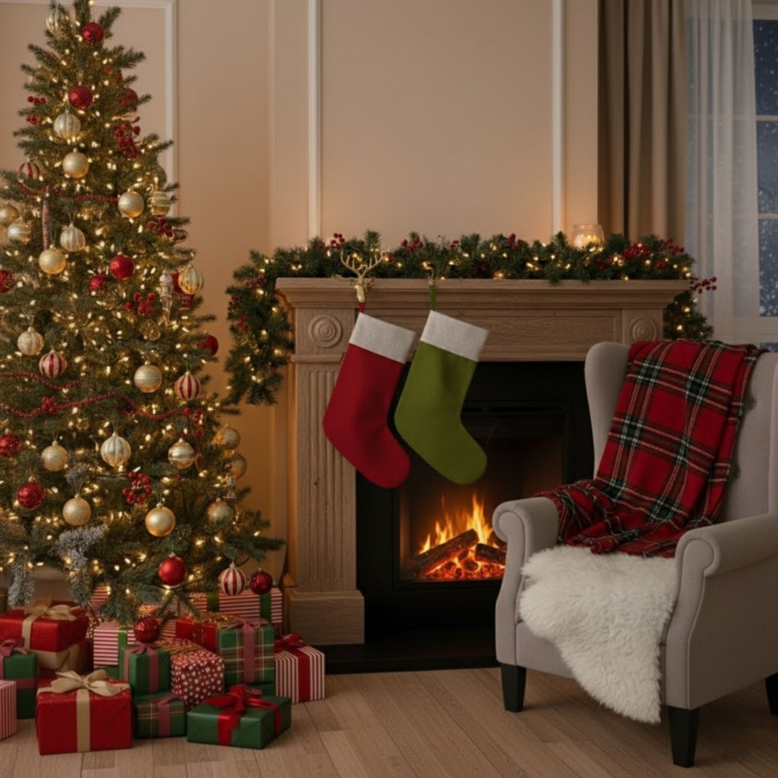 Three Christmas stockings hanging above a fireplace with a decorated tree in the background.