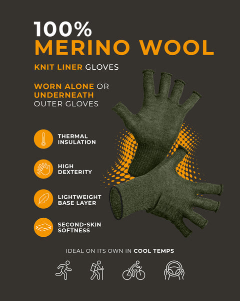 Pair of green 100% merino wool knit liner gloves displayed flat, designed for thermal insulation, high dexterity, lightweight base layering, and second-skin softness when worn alone or under outer gloves.
