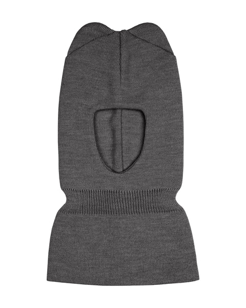 The menique kids&#39; knit merino balaclava with ears in dark gray color, in a white background.