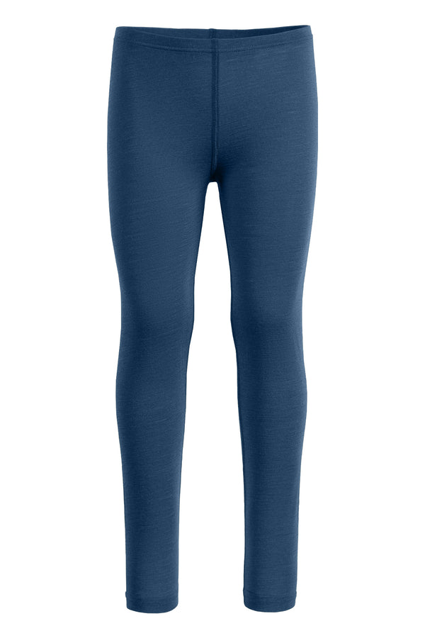 the menique 160gsm merino kids' pants in denim color, front view.