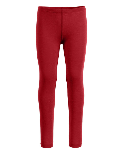 The menique kids&#39; 160gsm merino pants in royal cherry color, front view. 