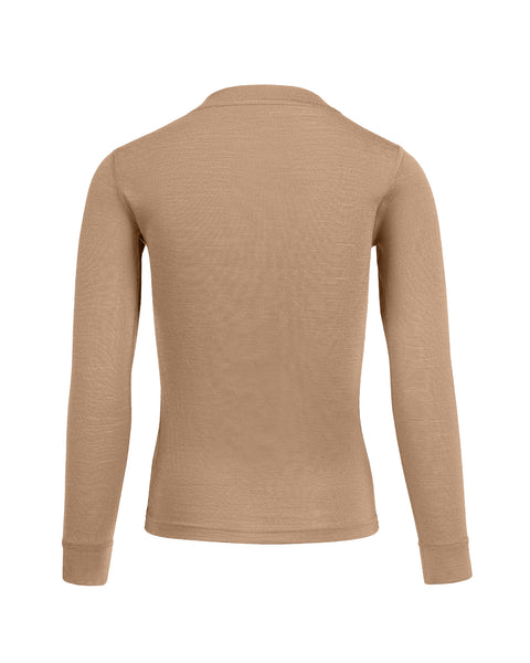 the menique kids&#39; 160gsm merino long sleeve top in beige color, back view.