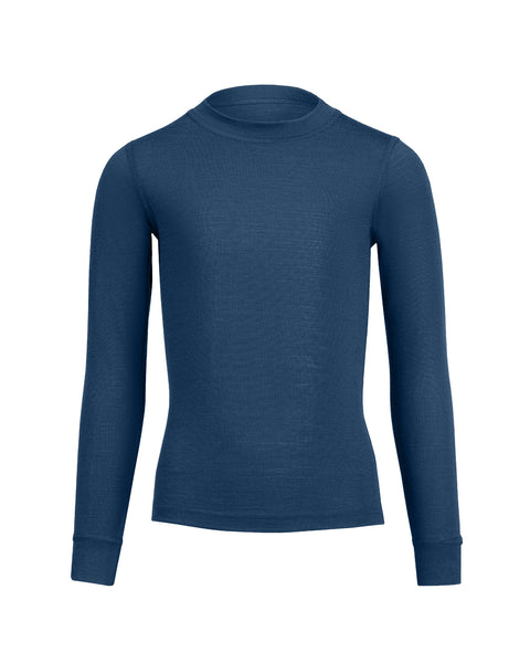 the menique merino denim long sleeve top for kids, front view.