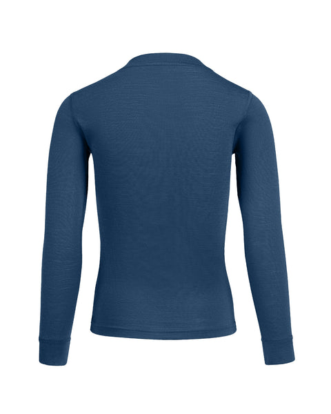 the menique merino denim long sleeve top for kids, back view.