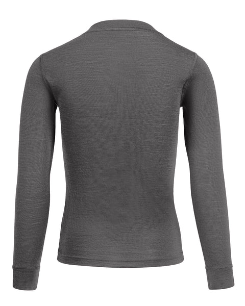 Back view of kids’ gray Merino wool long-sleeve base layer top.