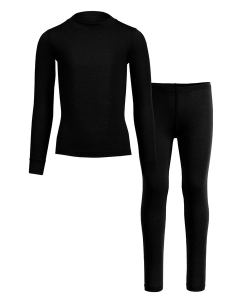 Kids&#39; 160 Long Sleeve &amp; Bottom 2-Piece in Black color, front view.
