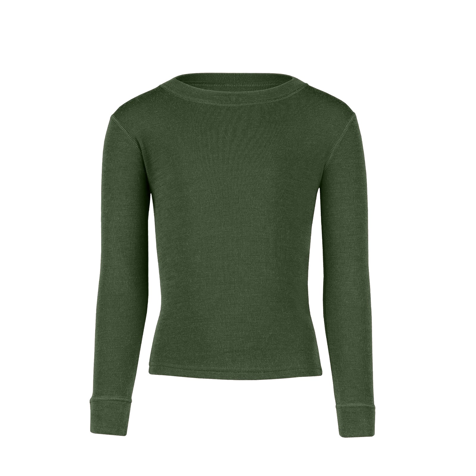 Boy wearing 100% Merino wool long sleeve shirt in the color dark green
