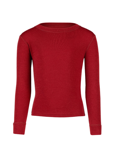 Front view of the kids&#39; menique merino 250gsm long sleeve top, in royal cherry color, white background.