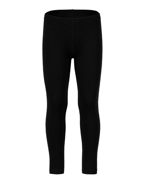 Front view of the menique kids&#39; 250 gsm merino pants in black color, white background.