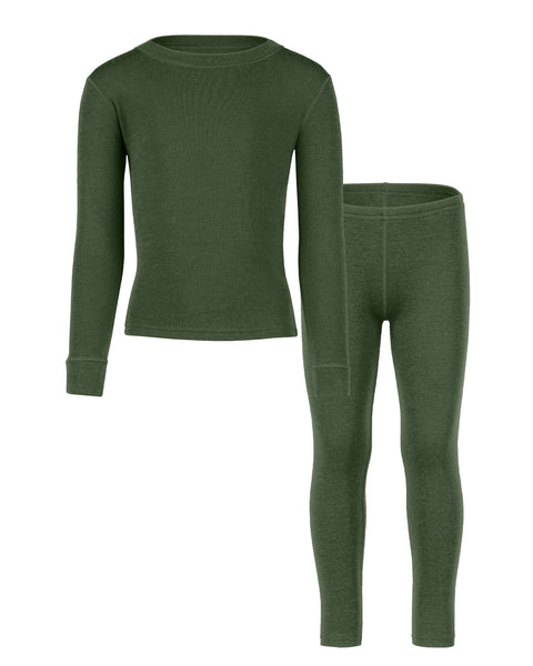 Dark green menique merino long-sleeve shirt and pants set on a white background