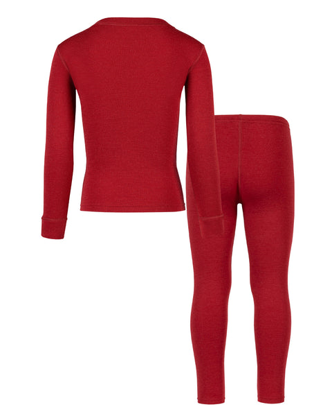 Back view of the kids&#39; menique merino 250gsm two piece set of long sleeve top and pants, in royal cherry color, white background.