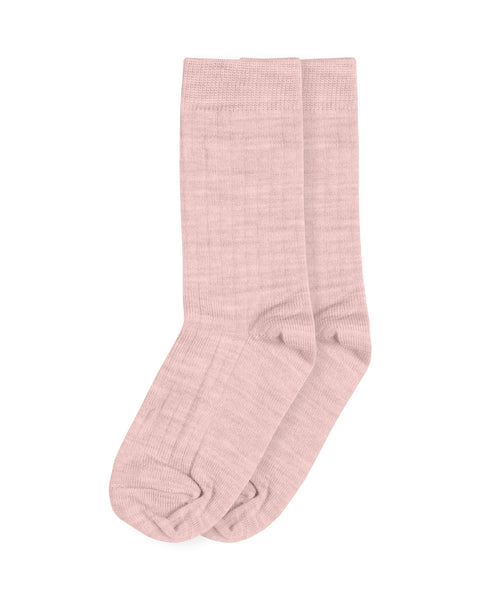 The Menique merino rib crew socks for kids in color pink.