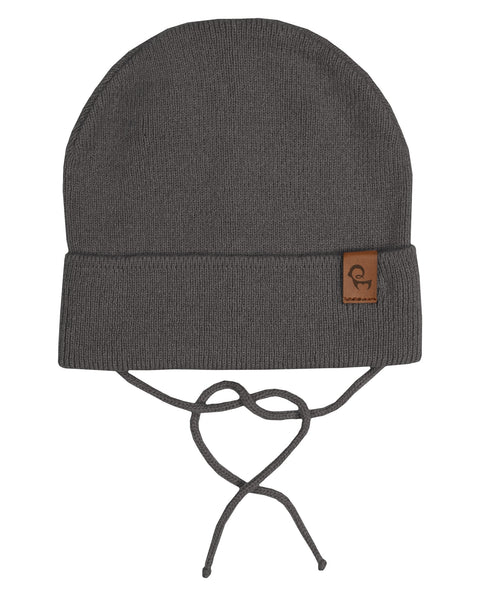 Charcoal gray baby knit beanie with strings, featuring fold-up brim and leather brand patch, by Menique