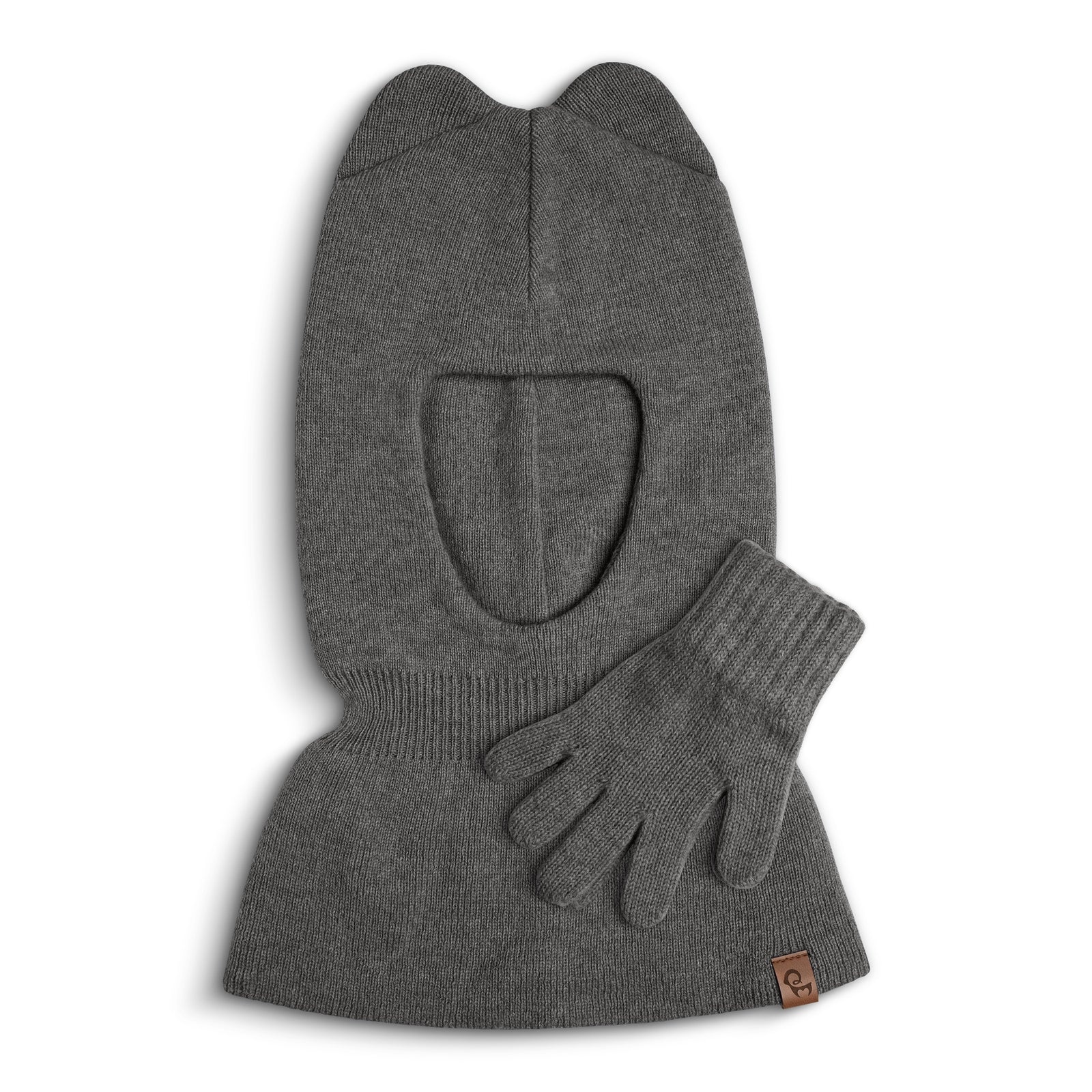 Beige knit balaclava and gloves set on a white background