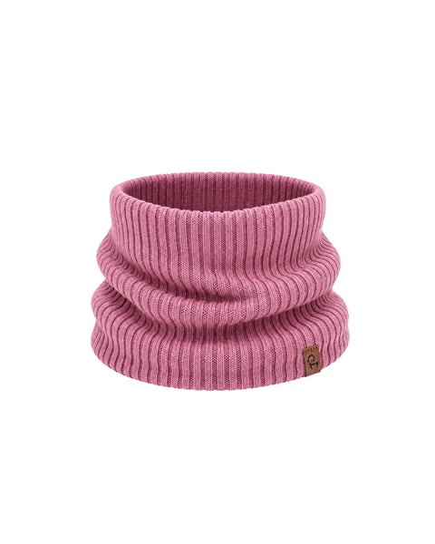 A pink mauve ribbed knit neck gaiter shown slightly scrunched, featuring a small brown square logo tag near the bottom edge, displayed against a plain white background.