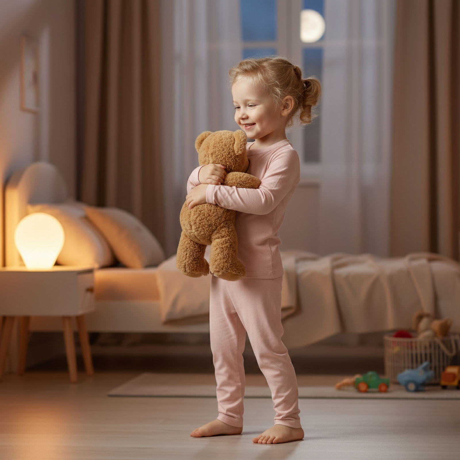 Child wearing pink bamboo long-sleeve top and matching pants, standing barefoot against a plain light background.