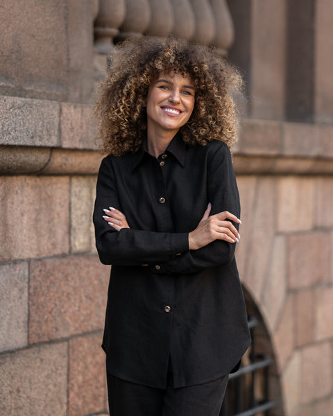 Linen Shirt &amp; Wide Pants 2-Piece in pure black